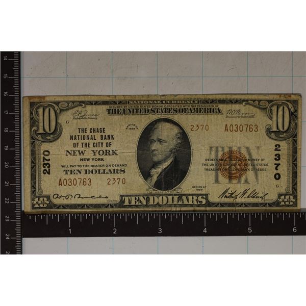 1929 US $10 NATIONAL CURRENCY OF NEW YORK, NY