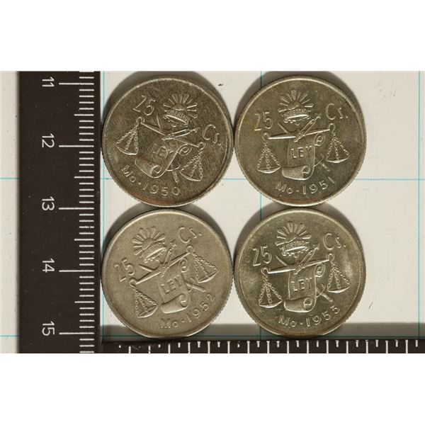1950, 1951, 52 & 1953 MEXICO SILVER 25 CENTAVOS