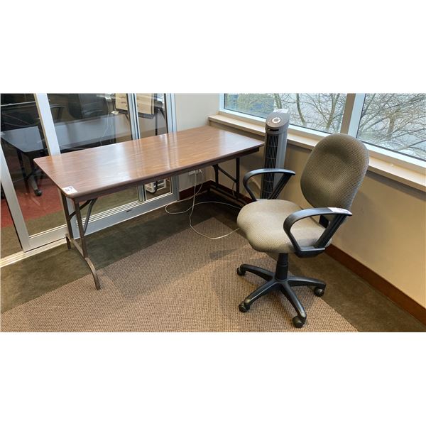 WOOD/METAL FOLDING TABLE, OSCILLATING FLOOR HEATER, MOBILE PADDED OFFICE CHAIR & WHITEBOARD
