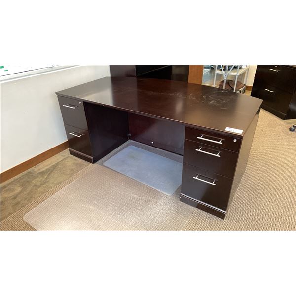 DARK WOOD EXECUTIVE OFFICE DESK & OFFICE FLOOR PROTECTOR, DESK APPROX 72"L X 39"D X 30"H