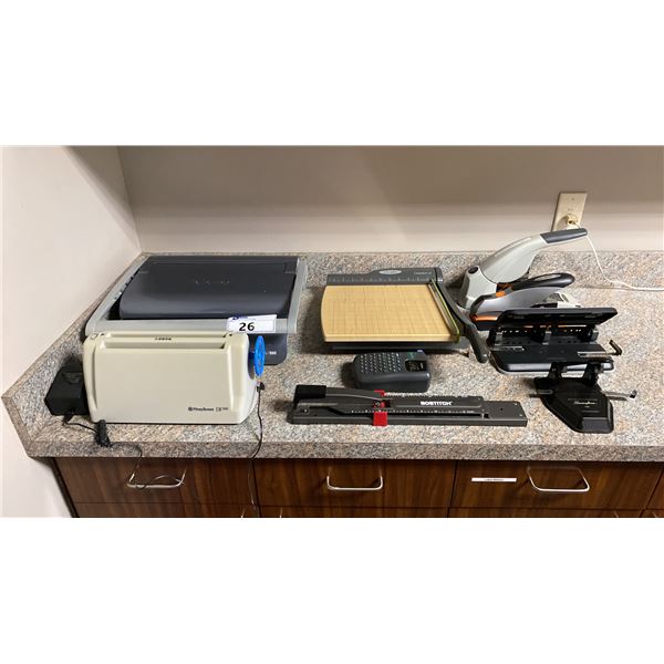 GROUP OF ASSORTED OFFICE EQUIPMENT INCLUDING BINDING MACHINE, PAPER CUTTER, STAPLERS, LABEL MAKER &