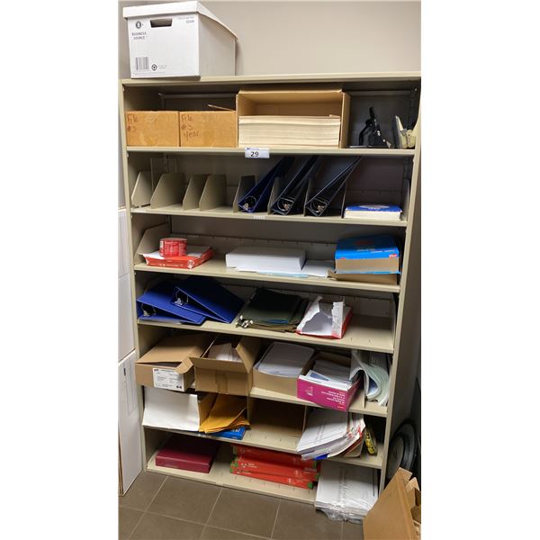 BEIGE METAL ORGANIZATIONAL SHELVING UNIT WITH CONTENTS APPROX 47"W X 15"D X 76"H