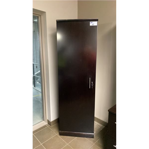 DARK WOOD LOCKING CLOSET CABINET APPROX 24"W X 17.5"D X 76"H * HAS KEYS*
