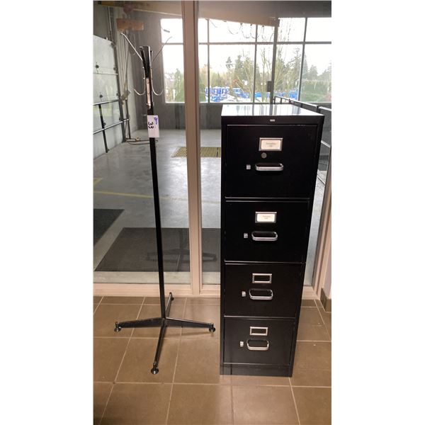 BLACK METAL VERTICAL 4 DRAWER 52"H FILING CABINET & BLACK METAL COAT RACK
