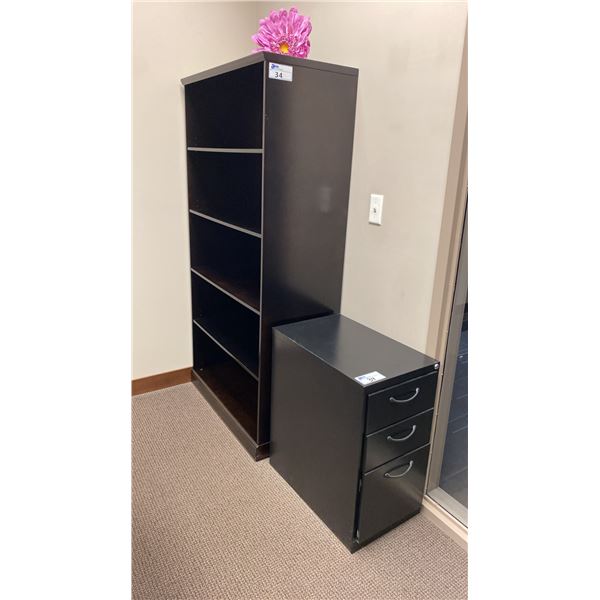 DARK WOOD BOOKSHELF, 4 CUBBY STORAGE SHELF, BLACK METAL 3 DRAWER SMALL FILING CABINET & WHITEBOARD