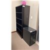 Image 1 : DARK WOOD BOOKSHELF, 4 CUBBY STORAGE SHELF, BLACK METAL 3 DRAWER SMALL FILING CABINET & WHITEBOARD