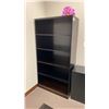 Image 5 : DARK WOOD BOOKSHELF, 4 CUBBY STORAGE SHELF, BLACK METAL 3 DRAWER SMALL FILING CABINET & WHITEBOARD