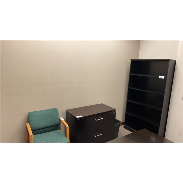DARK WOOD BOOKSHELF, 2 DRAWER LATERAL FILING CABINET, WHITEBOARD & WOOD/GREEN PADDED CLIENT CHAIR