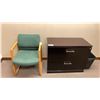 Image 4 : DARK WOOD BOOKSHELF, 2 DRAWER LATERAL FILING CABINET, WHITEBOARD & WOOD/GREEN PADDED CLIENT CHAIR