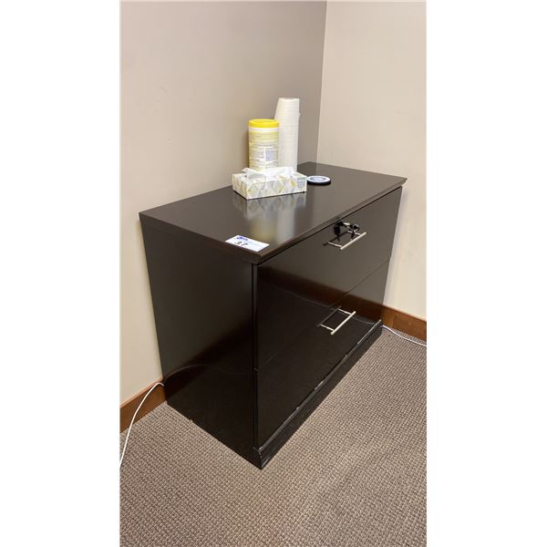 DARK WOOD LATERAL 2 DRAWER FILING CABINET *HAS KEYS* WHITEBOARD & WOOD CHAIR WITH CUSHIONS