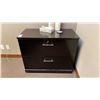 Image 3 : DARK WOOD LATERAL 2 DRAWER FILING CABINET *HAS KEYS* WHITEBOARD & WOOD CHAIR WITH CUSHIONS