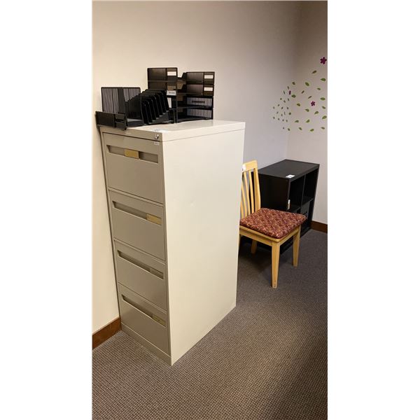 BEIGE METAL 4 DRAWER VERTICAL FILING CABINET, DARK WOOD 4 CUBBY STORAGE SHELF, WOOD CHAIR WITH