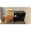 Image 3 : BEIGE METAL 4 DRAWER VERTICAL FILING CABINET, DARK WOOD 4 CUBBY STORAGE SHELF, WOOD CHAIR WITH