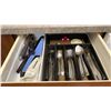 Image 6 : ELECTRIC KETTLE, CUTTING BOARD, KNIFE BLOCK & CONTENTS OF CUPBOARDS INCLUDING DISHES, CUTLERY & MORE