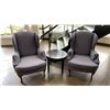 Image 1 : PAIR OF UPHOLSTERED WINGBACK ARM CHAIRS WITH COVERS & DARK WOOD SIDE TABLE