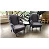 Image 2 : PAIR OF UPHOLSTERED WINGBACK ARM CHAIRS WITH COVERS & DARK WOOD SIDE TABLE