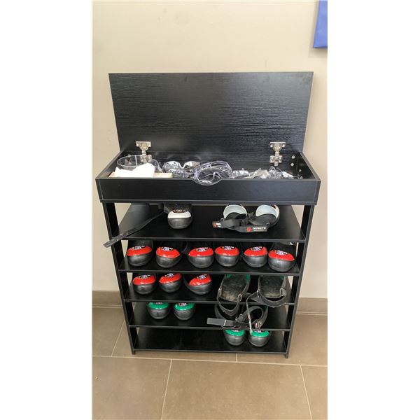 5 TIER DARK WOOD STORAGE SHELF WITH LIFT TOP STORAGE CUBBY, ASSORTED STEEL TOE CAPS & SAFETY GLASSES