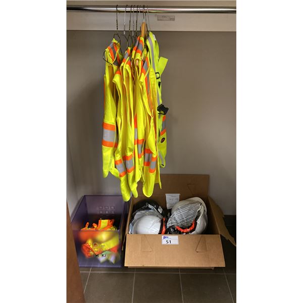 BOX OF NEW HARD HATS & ASSORTED PIONEER SAFETY VESTS