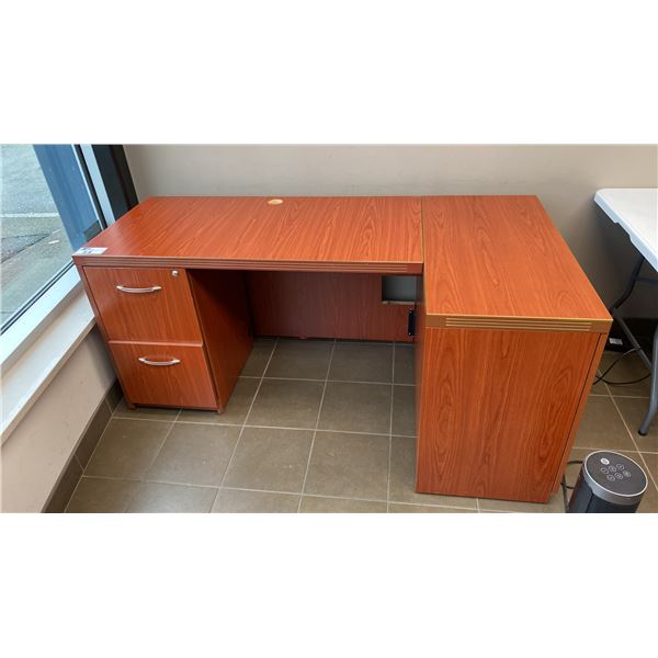 L-SHAPED CHERRY WOOD FINISH OFFICE DESK & MATCHING VERTICAL STORAGE CUPBOARD *CONTENTS NOT INCLUDED*