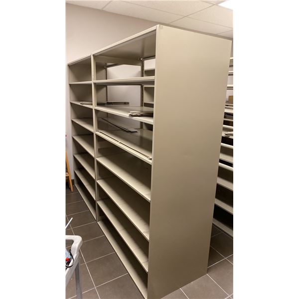 DOUBLE SIDED ADJUSTABLE OFFICE METAL SHELVING UNIT WITH DIVIDERS APPROX 8'L X 2'D X 6.4'H