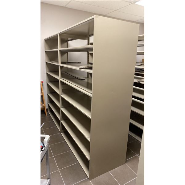DOUBLE SIDED ADJUSTABLE OFFICE METAL SHELVING UNIT WITH DIVIDERS APPROX 8'L X 2'D X 6.4'H