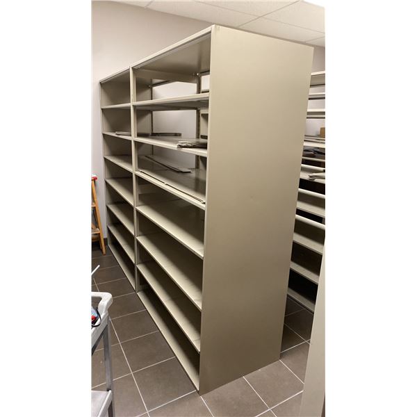 DOUBLE SIDED ADJUSTABLE OFFICE METAL SHELVING UNIT WITH DIVIDERS APPROX 8'L X 2'D X 6.4'H