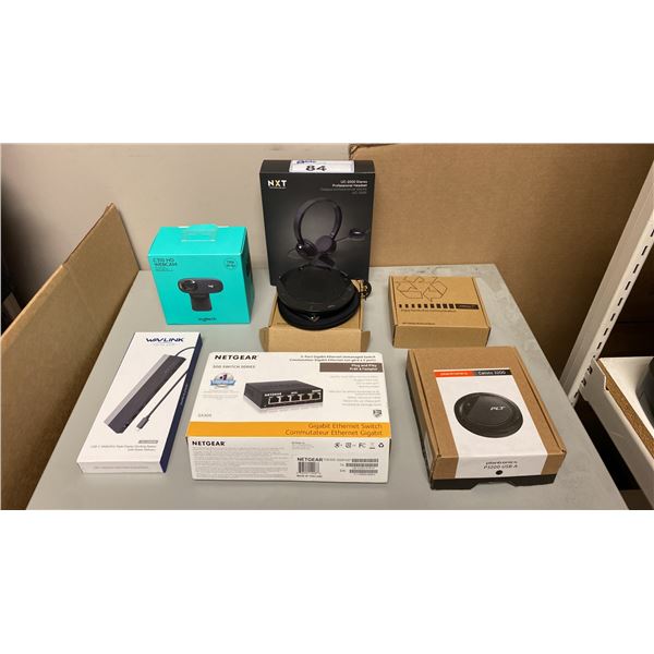 MOBILE TABLE WITH ASSORTED ELECTRONICS INCLUDING PLANTRONICS CALISTO 3200 SPEAKER, ETHERNET SWITCH,