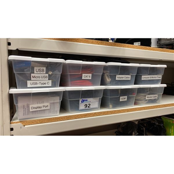 8 BINS OF ASSORTED ELECTRONIC CABLES INCLUDING ADAPTER CABLES, COMPUTER POWER CORDS, HDMI CABLES,