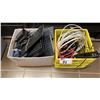 Image 1 : BIN AND BOX OF WIRELESS KEYBOARDS/MOUSES, HEADSET, POWER BAR & ASSORTED CABLES