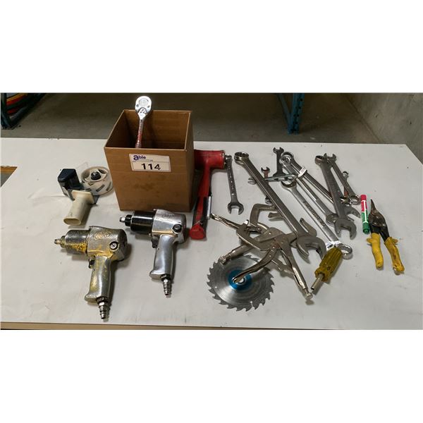 GROUP OF ASSORTED TOOLS, CLAMPS, PNEUMATIC DRILLS & MORE