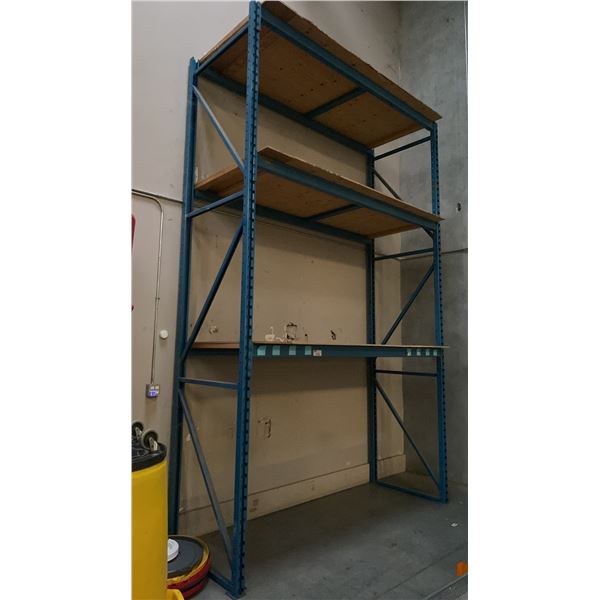 1 BAY OF BLUE PALLET RACKING 2 UPRIGHTS, 6 SIDE RAILS  APPROX 18' H X 10'W *MUST BRING PROPER TOOLS
