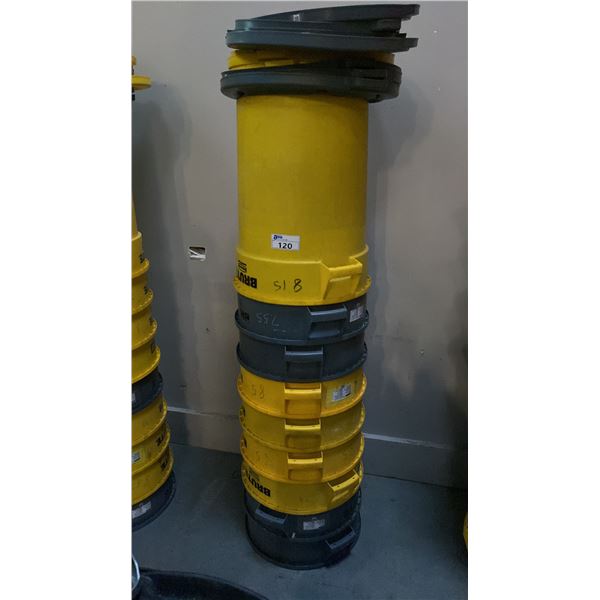 STACK OF ASSORTED RUBBERMAID BRUTE COMMERCIAL GARBAGE CANS WITH ASSORTED LIDS
