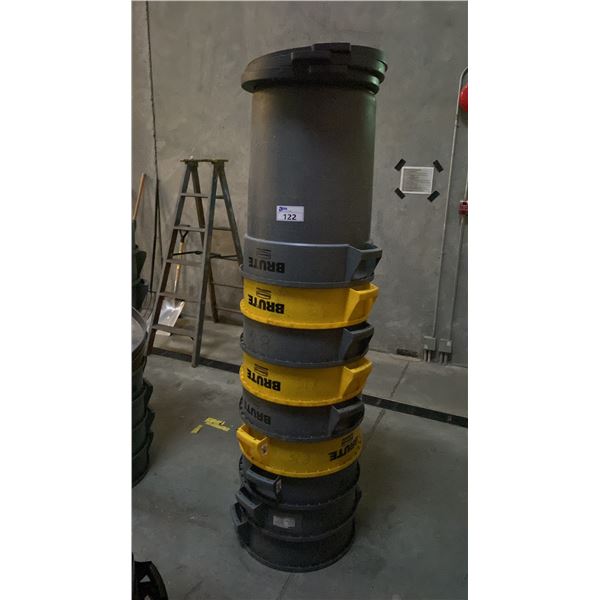 STACK OF ASSORTED RUBBERMAID BRUTE COMMERCIAL GARBAGE CANS WITH ASSORTED LIDS
