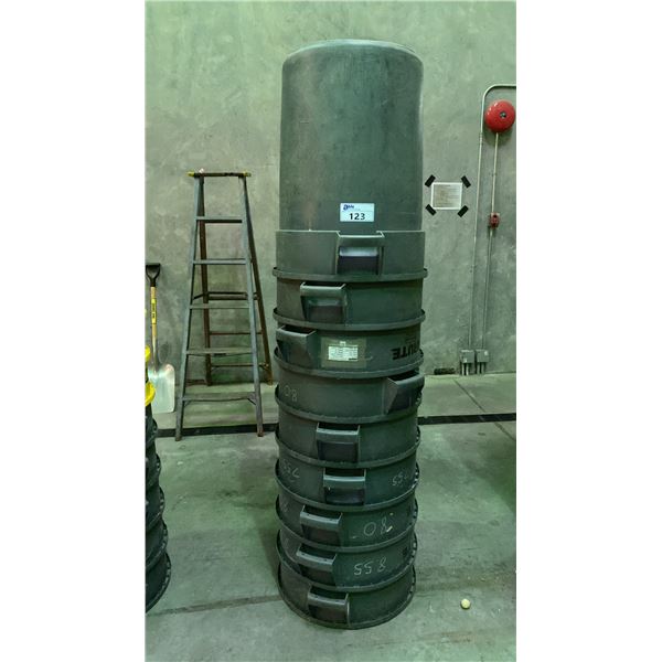 STACK OF ASSORTED RUBBERMAID BRUTE COMMERCIAL GARBAGE CANS