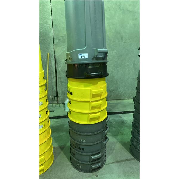 STACK OF ASSORTED RUBBERMAID BRUTE COMMERCIAL GARBAGE CANS