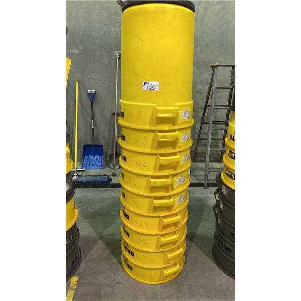 STACK OF ASSORTED RUBBERMAID BRUTE COMMERCIAL GARBAGE CANS