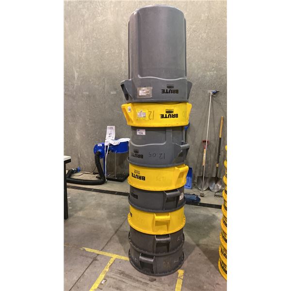 STACK OF ASSORTED RUBBERMAID BRUTE COMMERCIAL GARBAGE CANS