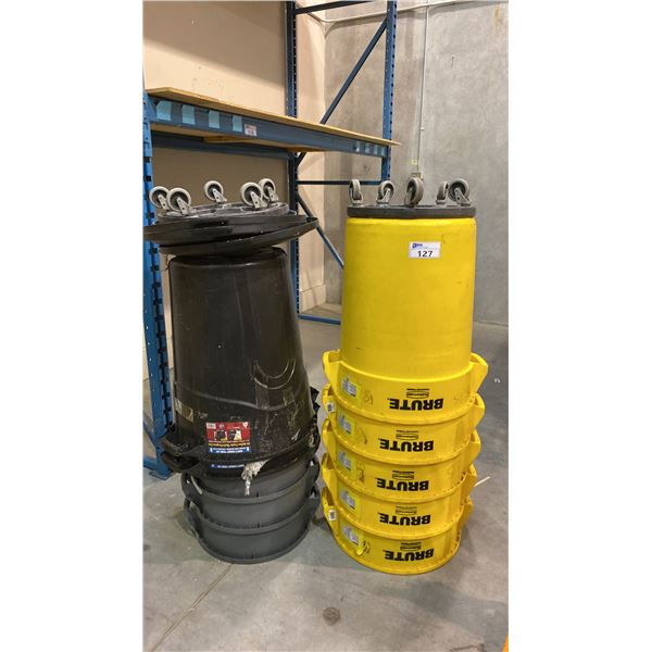 STACK OF ASSORTED RUBBERMAID BRUTE COMMERCIAL GARBAGE CANS WITH ASSORTED LIDS