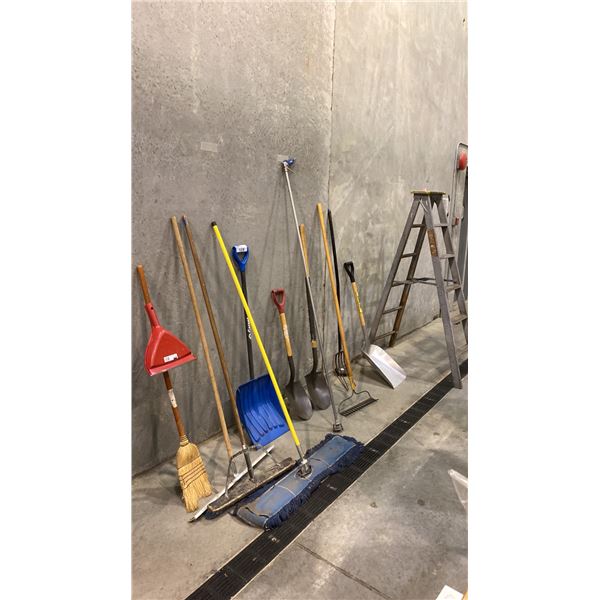 ASSORTED BROOMS, SHOVELS, RAKE, PITCHFORK, LADDER & AIR WAND