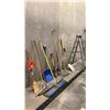 Image 1 : ASSORTED BROOMS, SHOVELS, RAKE, PITCHFORK, LADDER & AIR WAND