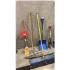 Image 2 : ASSORTED BROOMS, SHOVELS, RAKE, PITCHFORK, LADDER & AIR WAND