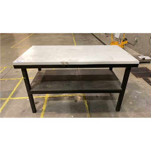 STEEL FRAMED WORK TABLE WITH ARBORITE TOP APPROX 5'L X 2.6'D X 3'H