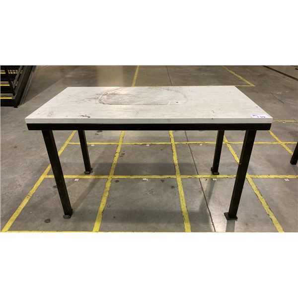 STEEL FRAMED WORK TABLE WITH ARBORITE TOP APPROX 5'L X 2.6'D X 3'H