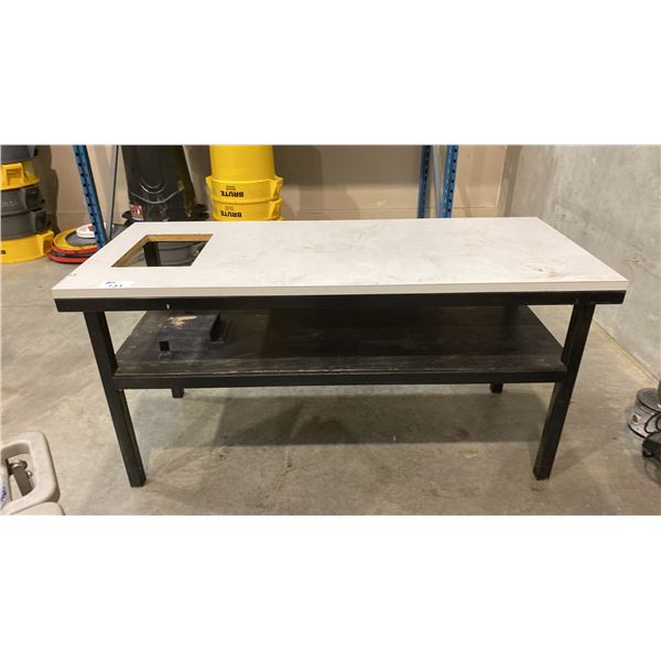 STEEL FRAMED WORK TABLE WITH ARBORITE TOP APPROX 6'L X 2.6'D X 3'H