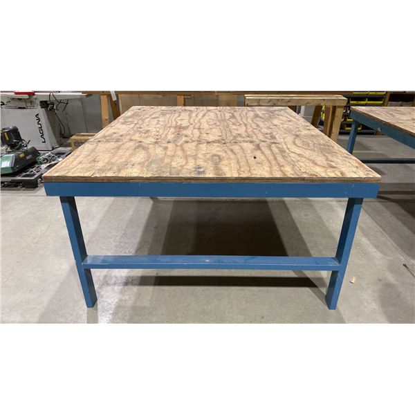 METAL FRAMED WOOD TOP WORK TABLE APPROX 6.2'L X 5.2'D X 2' 10"H