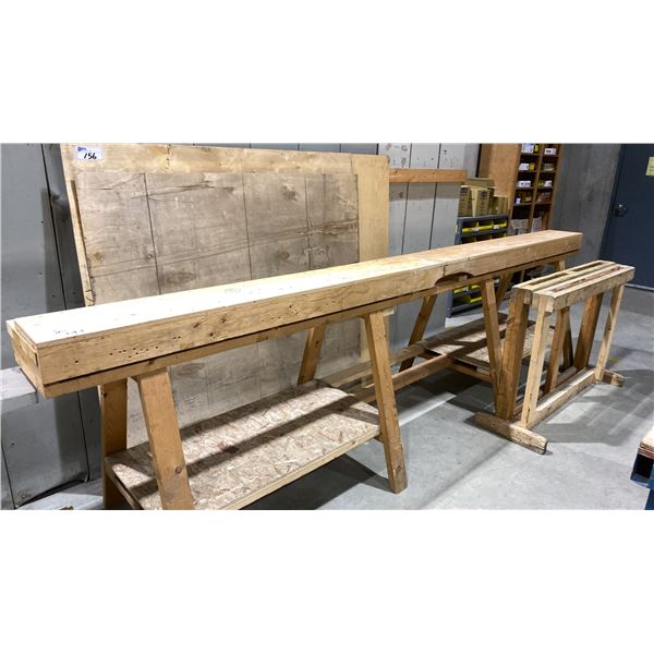 APPROX 12'L WOODEN SAWHORSE WITH STORAGE SHELVES & WOODEN WORK STAND