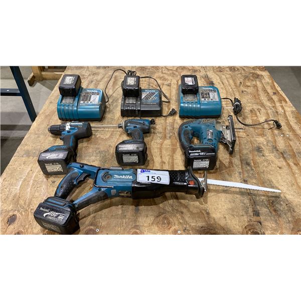 GROUP OF MAKITA CORDLESS POWER TOOLS INCLUDING 2 DRILLS, RECIPROCATING SAW, JIGSAW, 3 CHARGERS