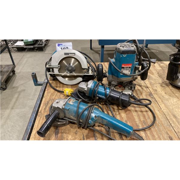 GROUP OF 4 ELECTRIC MAKITA POWER TOOLS INCLUDING 2 GRINDERS, ROUTER & SKILL SAW