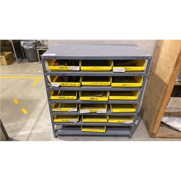 ULINE METAL ADJUSTABLE HARDWARE SHELF WITH PLASTIC ORGANIZERS & ASSORTED SCREWS APPROX 3' X 1.6'W X