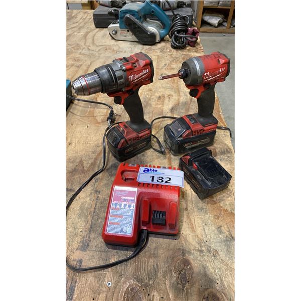2 MILWAUKEE CORDLESS DRILLS WITH 3 BATTERIES & CHARGER